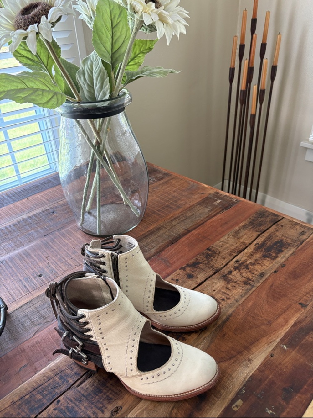 Freebird Leather Cutout Ankle Booties in Cream and Brown